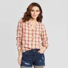 Women's Plaid Flutter Long Sleeve Round Neck Button-front Tunic Blouse - Universal Thread Brown Xs, Women's,