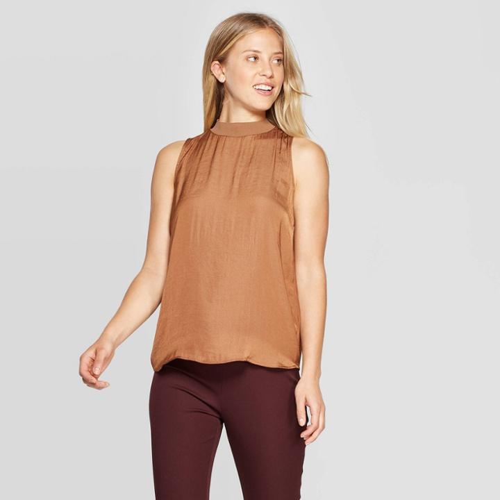 Women's Regular Fit Sleeveless Mock Turtleneck Satin Blouse - A New Day Brown