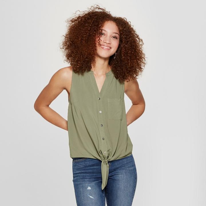 Women's Sleeveless Button-down Tie Front Top - A New Day Olive (green)