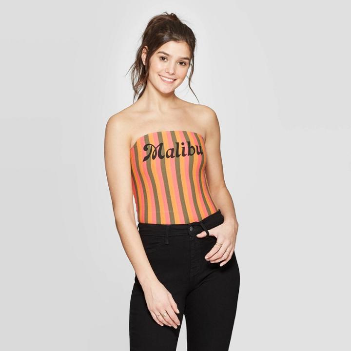 Women's Striped Strapless Malibu Graphic Tube Top - Mighty Fine (juniors') - Orange Xxl,