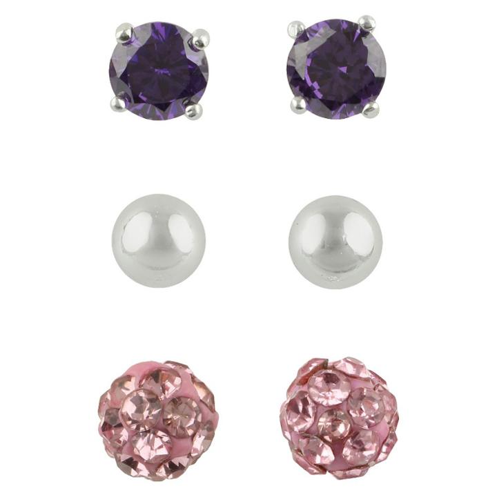 Target Cubic Zirconia Stud, Ball And Crystal Fireball Earrings Set Of 3 - Pink + Purple,