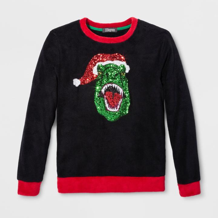 33 Degrees Men's Ugly Holiday Trex Fuzzy Long Sleeve Pullover Sweater - Black