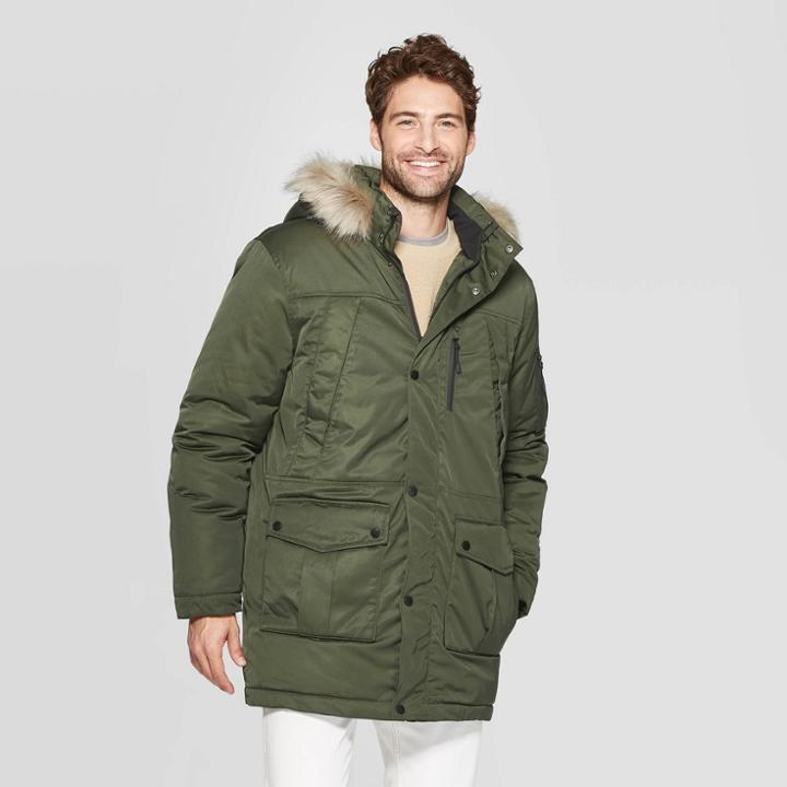 Men's Standard Fit Long Sleeve Parka Winter Coat - Goodfellow & Co Olive Green L, Men's, Size:
