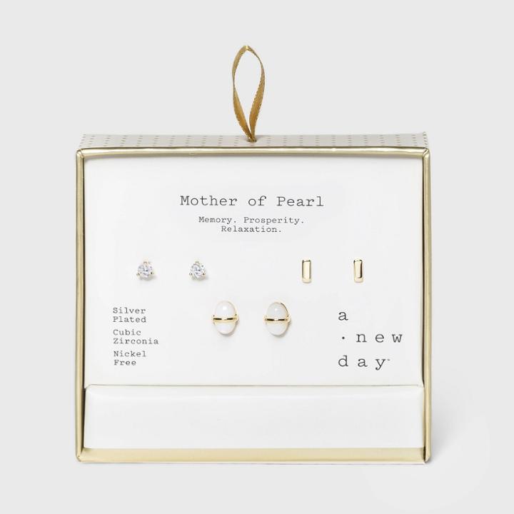 Silver Plated Oval Mother Of Pearl And Cubic Zirconia Bar Earring Trio Set - A New Day Pearl