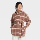 Women's Belted Shirt Jacket - A New Day Brown Plaid