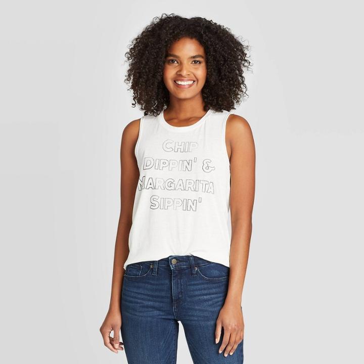 Doe. Women's Chip Dippin & Margarita Sippin Graphic Tank Top - Ivory Xs, Women's, Beige