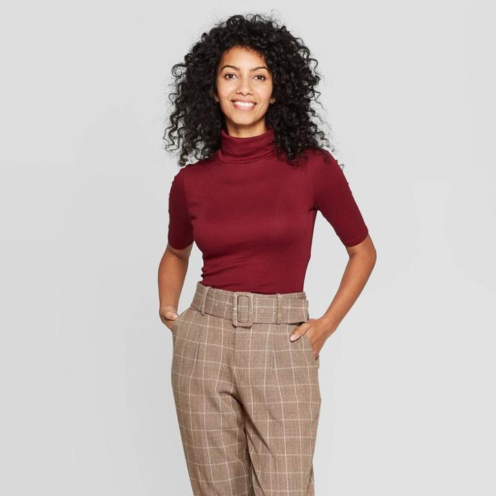 Women's Regular Fit Elbow Sleeve Turtleneck T-shirt - A New Day Burgundy