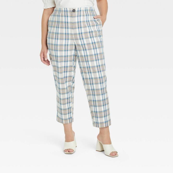 Women's Plus Size High-rise Taper Ankle Pants - Ava & Viv Cream Plaid 18w, Ivory Plaid