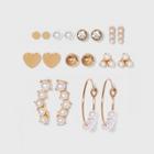 Heart And Simulated Pearl Multi Earring Set 9pc - Wild Fable Gold