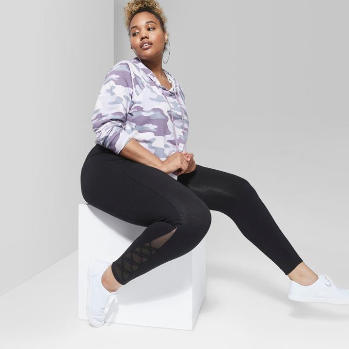 Women's Plus Size Mesh Strappy Ankle Detail Leggings - Wild Fable Black