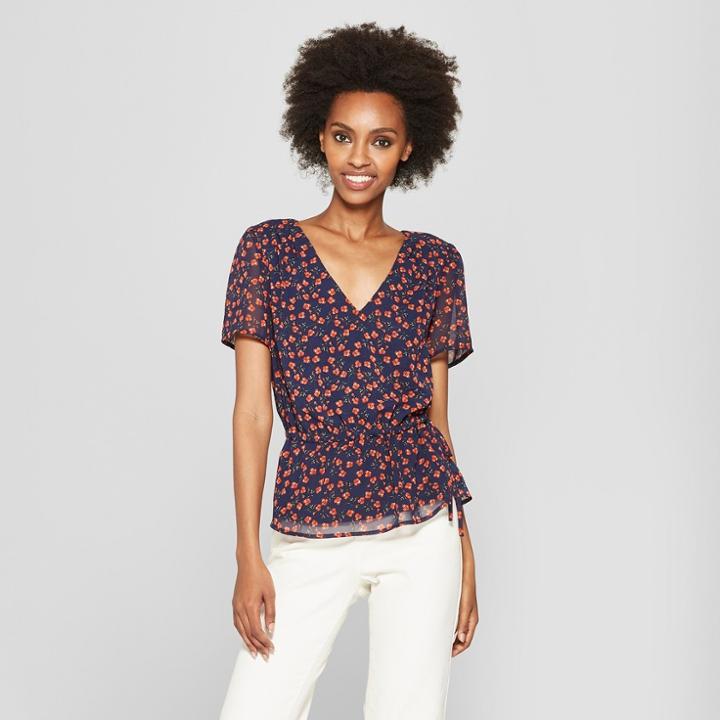 Eclair Women's Floral Print Short Sleeve Cinched Waist Blouse - Clair Navy/red