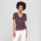 Eclair Women's Floral Print Short Sleeve Cinched Waist Blouse - Clair Navy/red