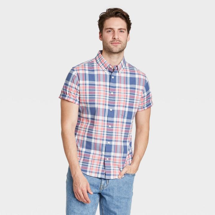 Men's Plaid Slim Fit Stretch Poplin Short Sleeve Button-down Shirt - Goodfellow & Co Red
