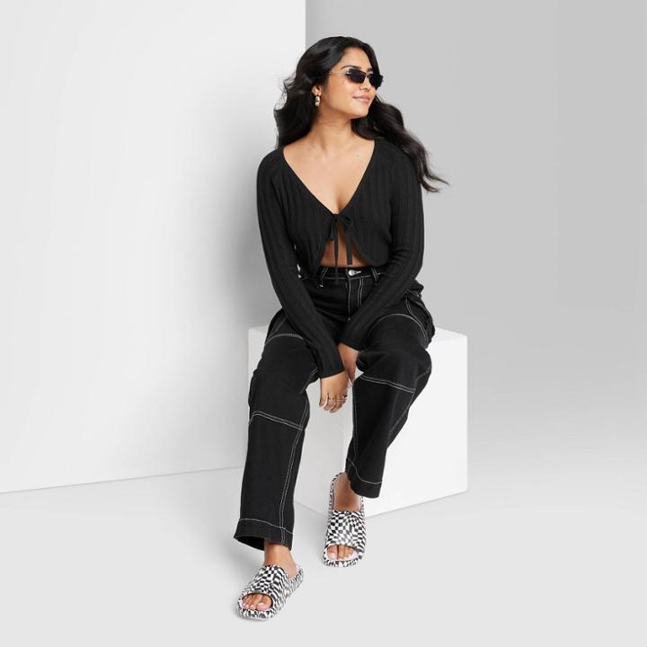 Women's Tie-front Pointelle Cardigan - Wild Fable Black Xxs