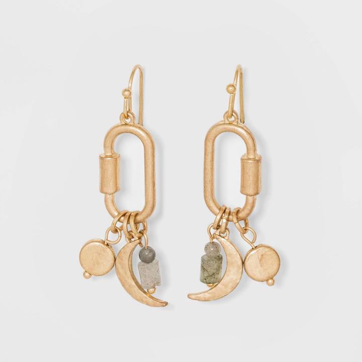 Semi-precious Labradorite With Moon Charm And Carabiner Drop Earrings - Universal Thread Worn Gold