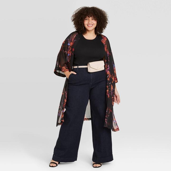 Women's Plus Size Floral Print Overcoat - A New Day Black