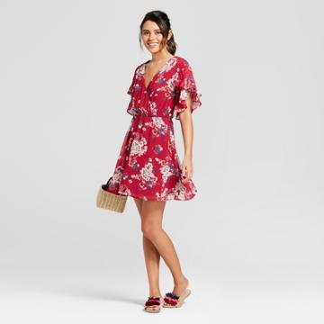 Women's Floral Print Flutter Sleeve Dress - Lily Star (juniors') Burgundy