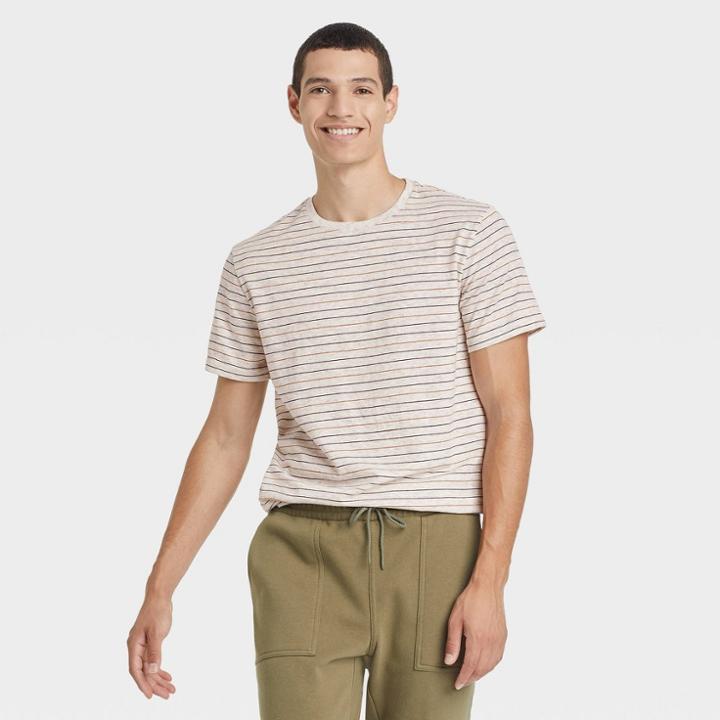 Men's Striped Standard Fit Short Sleeve Crewneck T-shirt - Goodfellow & Co Cream/stripe