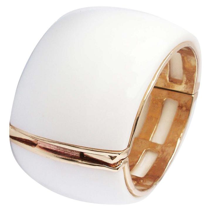 Zirconite Wide Bangle With Gold Trim - White