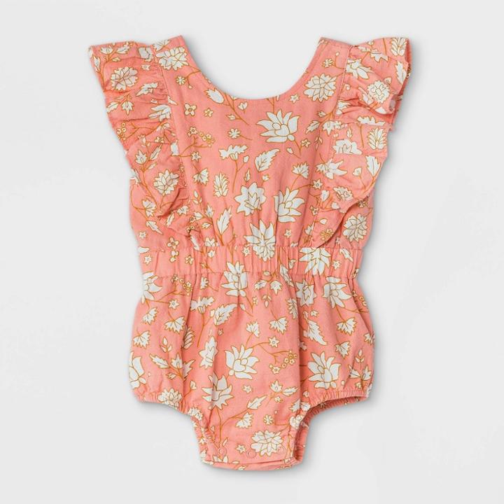 Baby Girls' Floral Woven Cinched Waist Romper - Cat & Jack Dark Peach Newborn, Pink
