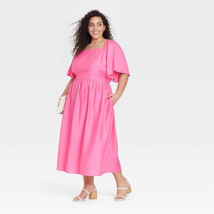 Women's Plus Size Flutter Short Sleeve Tie-back Dress - A New Day Pink