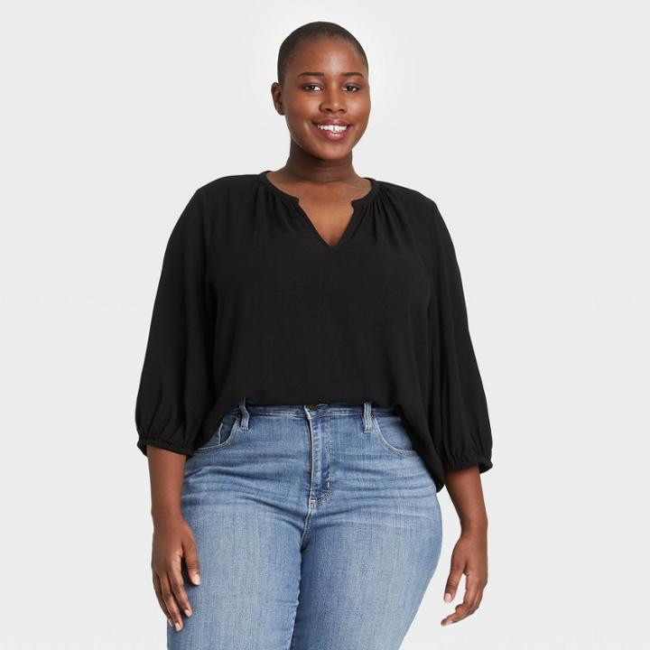Women's Plus Size 3/4 Sleeve Popover Blouse - Ava & Viv Black X