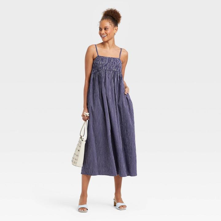 Women's Spaghetti Strap Smocked Dress - A New Day Navy Blue