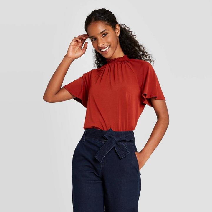 Women's Raglan Short Sleeve Smocked Top - A New Day Red
