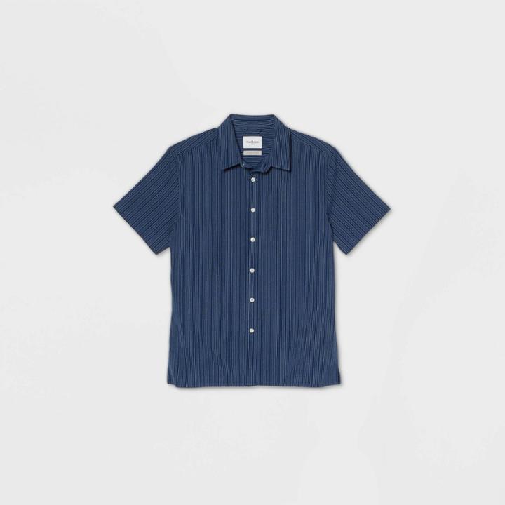 Men's Striped Standard Fit Textured Short Sleeve Button-down Shirt - Goodfellow & Co Navy