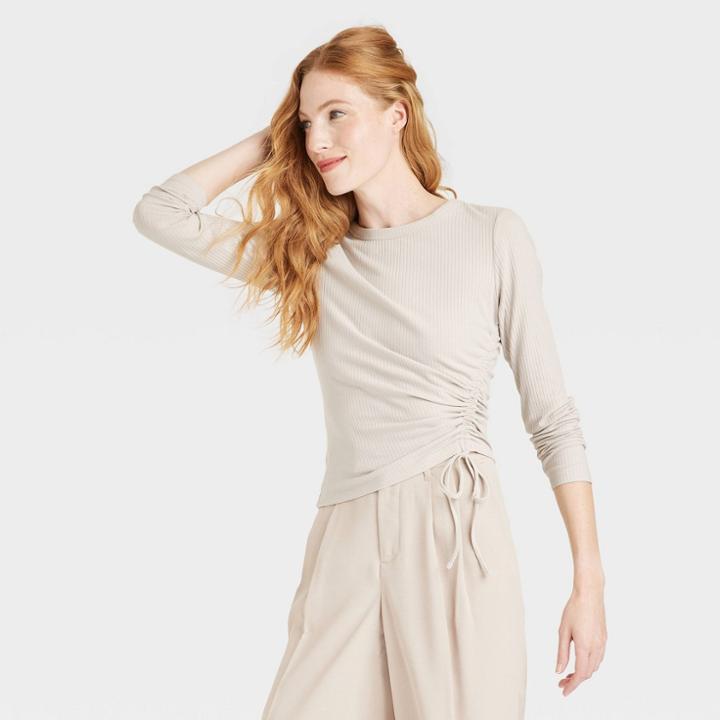 Women's Long Sleeve Side Ruched T-shirt - A New Day Cream