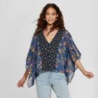 Women's Floral Print Short Button Front Sheer Twin Print Kimono - Xhilaration Navy