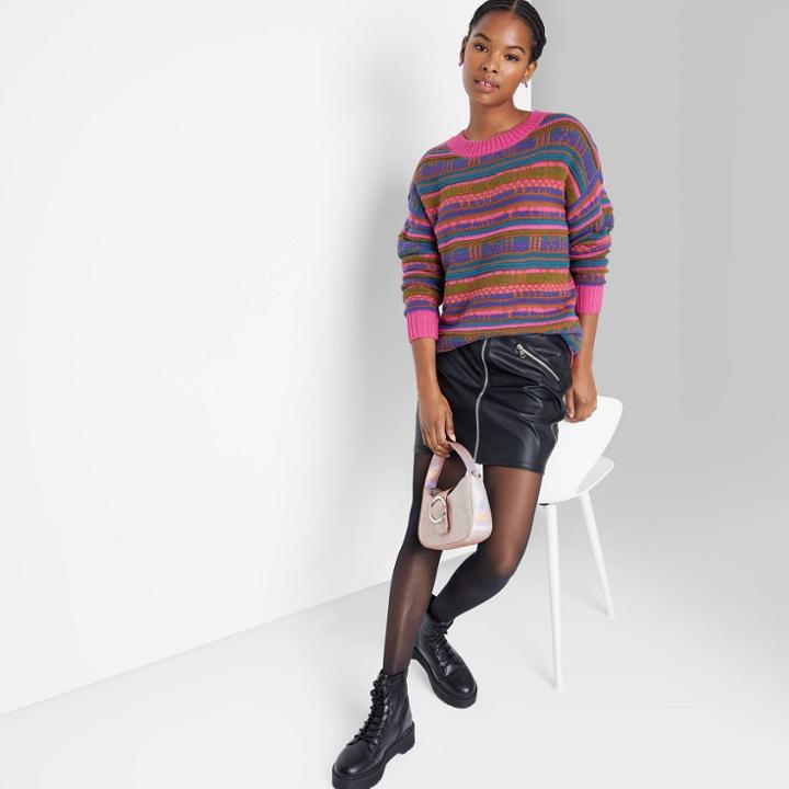 Women's Textured Stitch Crewneck Pullover Sweater - Wild Fable Pink Multi