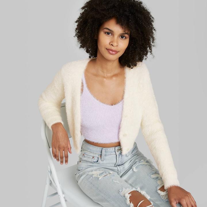 Women's Fuzzy Cropped Cardigan - Wild Fable Cream