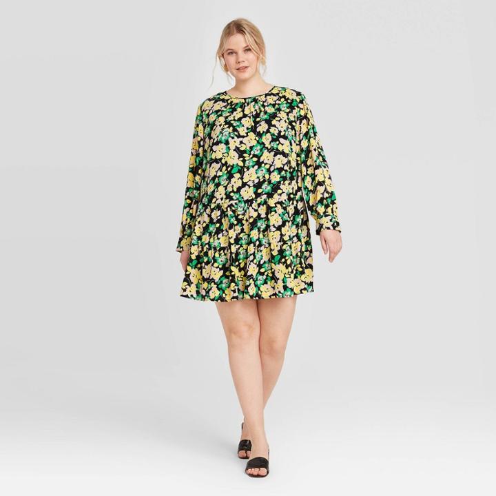 Women's Plus Size Floral Print Long Sleeve Mini Dress - Who What Wear Black 1x, Women's,
