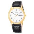 Men's Pulsar Day/date Watch - Gold Tone With White Dial And Black Leather