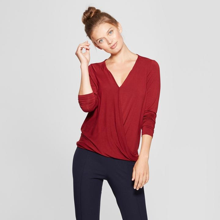 Women's Long Sleeve Drape Front Top - A New Day Burgundy (red)