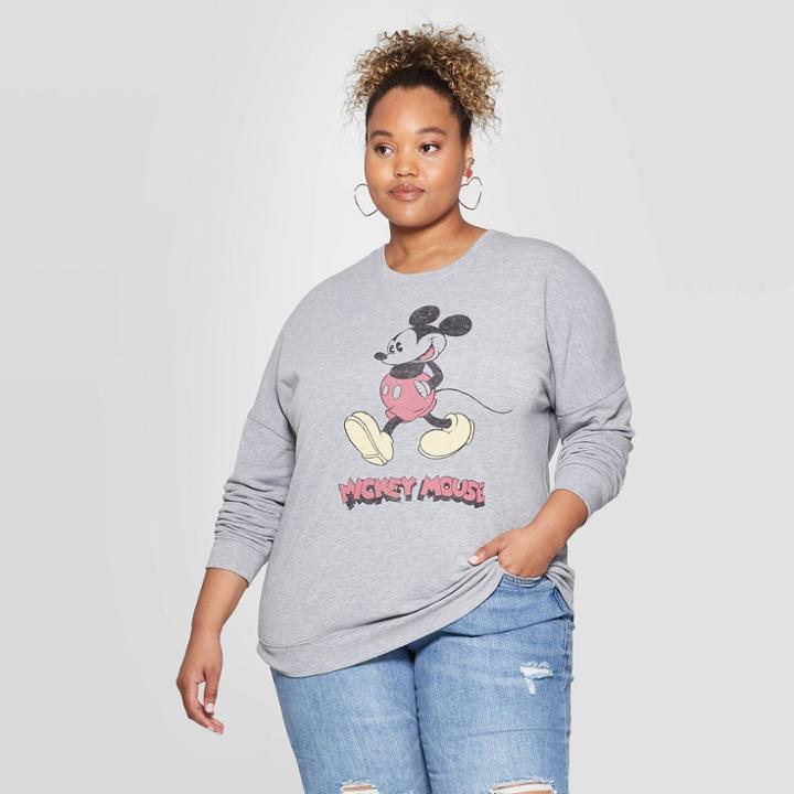 Women's Mickey Mouse Plus Size Long Sleeve Sweatshirt (juniors') - Gray 1x, Women's,