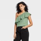 Women's One Shoulder Ruffle Top - A New Day Olive Green