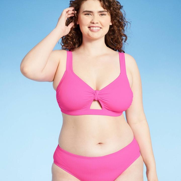 Juniors' Plus Size Ribbed Knot-front Bralette Bikini Top - Xhilaration Neon Pink X