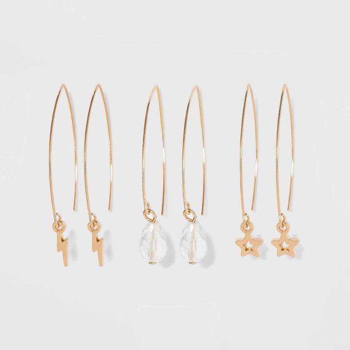 Open Star And Lightning Bolt Threader Earring Set - Wild Fable Gold, Women's