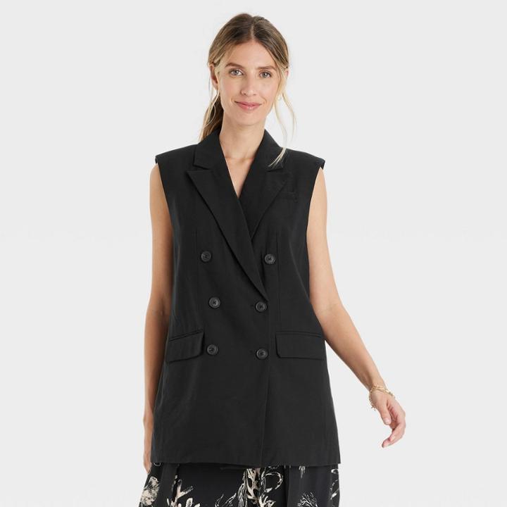 Women's Double Breasted Blazer Vest - A New Day Black