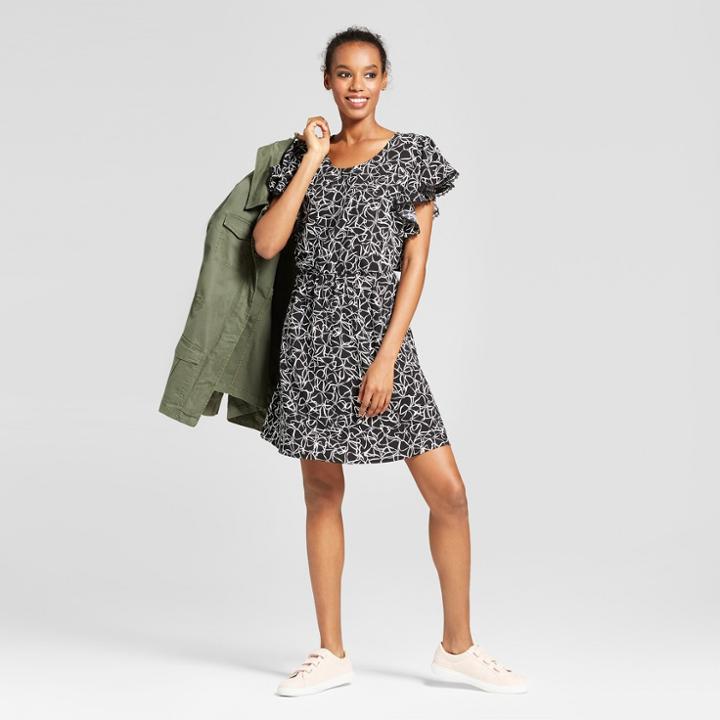 Women's Printed Ruffle Sleeve Dress - A New Day Black