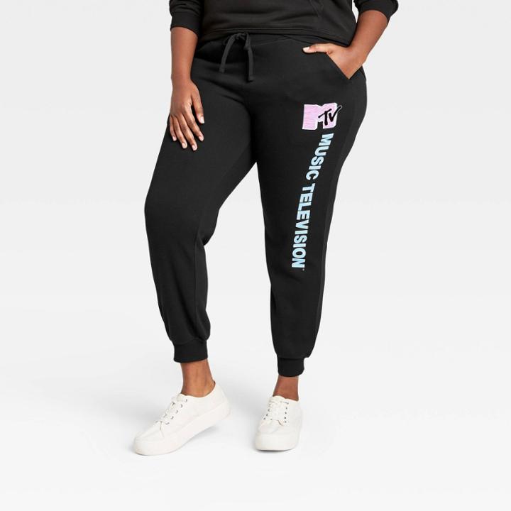 Women's Mtv Plus Size Pink Logo Graphic Jogger Pants - Black