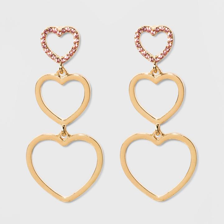 Three Part Heart Linear Drop With Pave Stone Earrings - Wild Fable Pink
