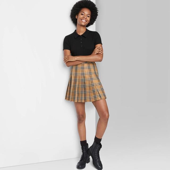 Women's Woven Tennis Mini A-line Skirt - Wild Fable Tan Plaid