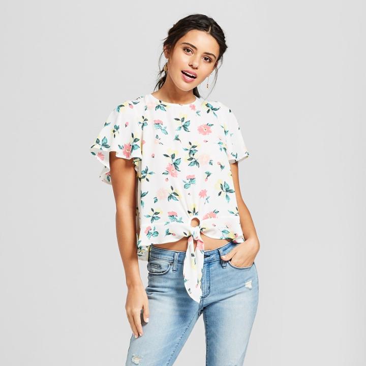 Women's Lemon Print Short Sleeve Tie Front Top - Lily Star (juniors') Ivory