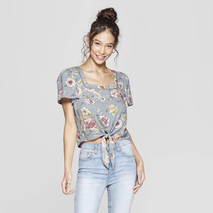 Women's Floral Print Short Sleeve Square Neck Tie Front Top - Xhilaration Medium Blue
