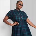 Women's Plus Size Short Sleeve Woven Button-down Shirt - Wild Fable Navy Plaid