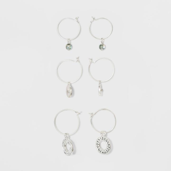 Wire Hoops With Round Disc Charms And Stone Earring 3 Ct - Universal Thread Dark