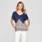 Women's Printed Woven T-shirt With Knit Back - Lux Ii - Navy